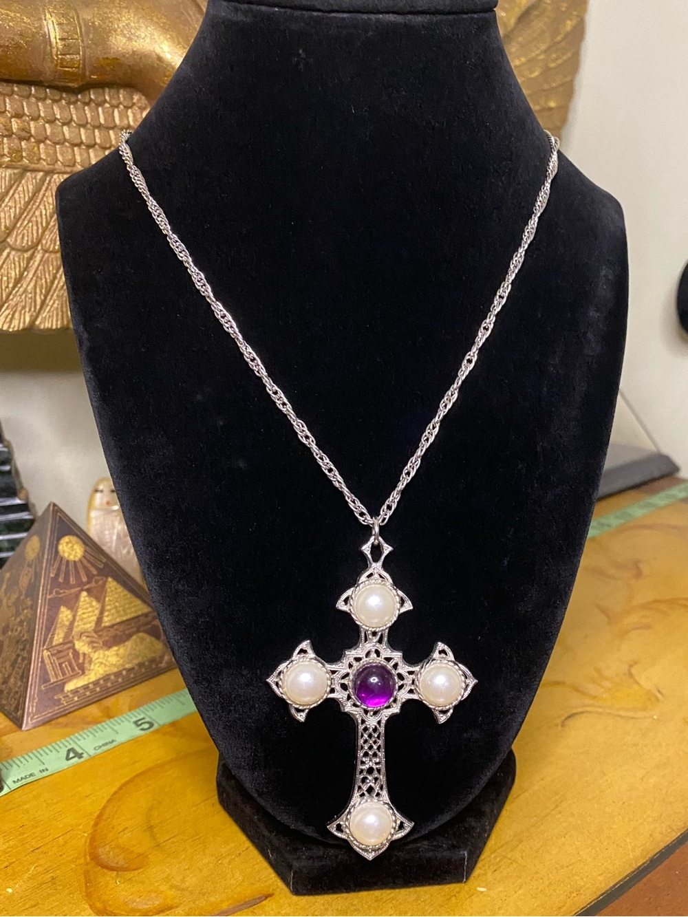 Vintage Sarah Cov Cross pendant Necklace with Purple Stone and Pearl Accents